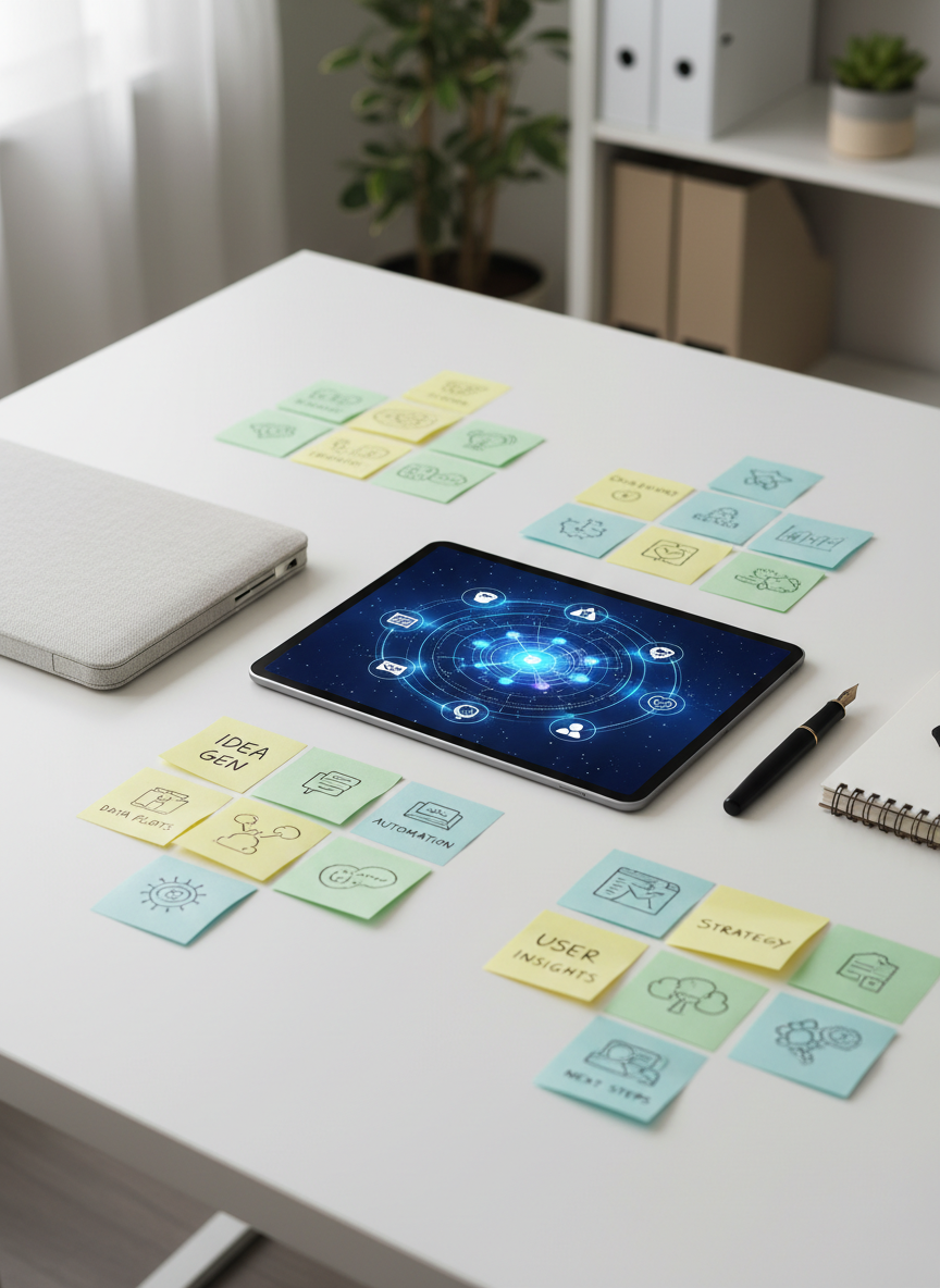 A close-up of a clean white desk where an AI brainstorming session is in progress: sticky notes arranged in methodical clusters around a slim tablet that displays a glowing neural network visualization and icons for productivity apps. A closed, fabric-textured laptop and a matte black fountain pen add tactile contrast against the smooth desk surface. Soft natural light from an unseen window to the left creates delicate side lighting and gentle shadows, giving the scene depth. The background fades into a tasteful blur of shelves with neutral-toned binders and a small plant. Photographic realism from a slightly elevated, three-quarter angle, conveying a calm, organized, and intellectually curious mood about the future of work.