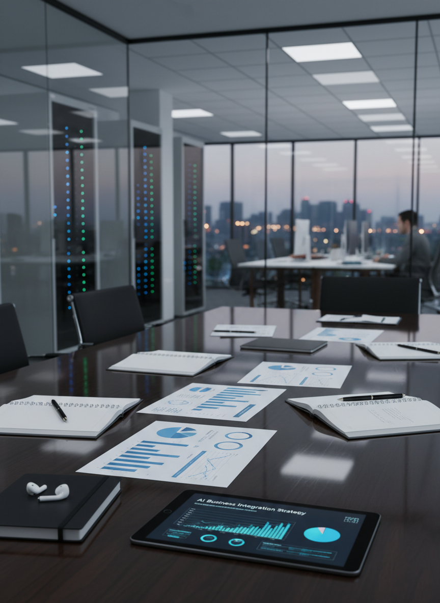 A polished conference table in a glass-walled boardroom, covered with printed strategy documents, a tablet showing an AI-powered analytics dashboard, and a pair of sleek wireless earbuds resting beside a closed notebook. Outside the glass, an open-plan tech office with server racks and subtle LED indicator lights appears softly blurred. Cool, diffused overhead lighting mixes with faint evening city light, casting crisp yet understated reflections on the glossy table surface. Captured in photographic realism from a slightly elevated angle, using rule-of-thirds composition to draw the eye to the glowing tablet. The atmosphere is thoughtful and credible, suggesting high-level decision making about AI integration in business operations.