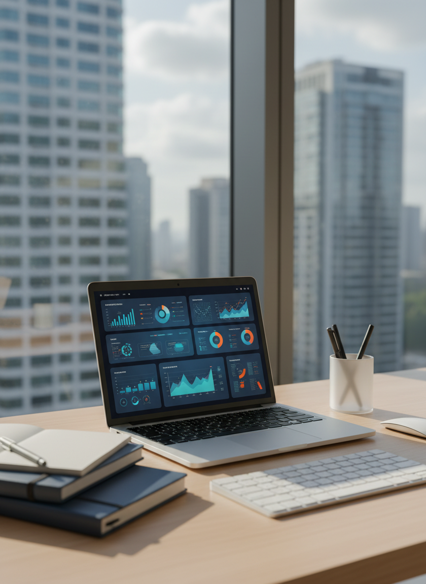 A sleek, modern workspace desk featuring an open laptop screen filled with colorful data dashboards and AI-generated business insights, surrounded by neatly arranged notebooks, a wireless keyboard, and a minimalist pen holder. The desk sits near a tall window overlooking a blurred city skyline of office towers, suggesting a corporate environment. Soft morning daylight streams in, creating gentle reflections on the laptop’s metallic surface and subtle shadows on the light wood desk. Photographic realism at eye level, with a shallow depth of field that keeps the laptop in sharp focus while the background softly blurs. The mood is professional, focused, and optimistic, ideal for a blog about AI in business and the future of work.